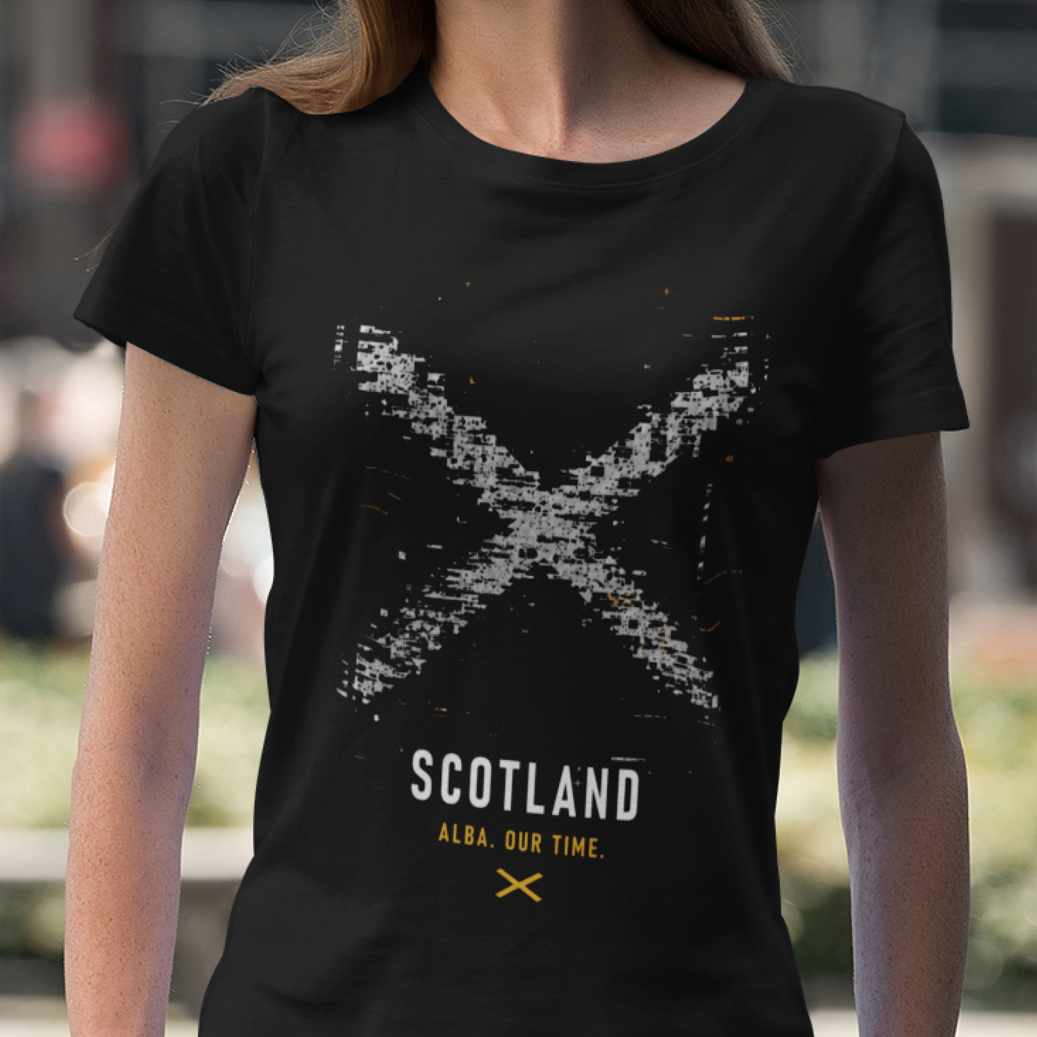 Scotland Saltire glitch - Alba our time - front ver — T Shirt — lifestyle 1