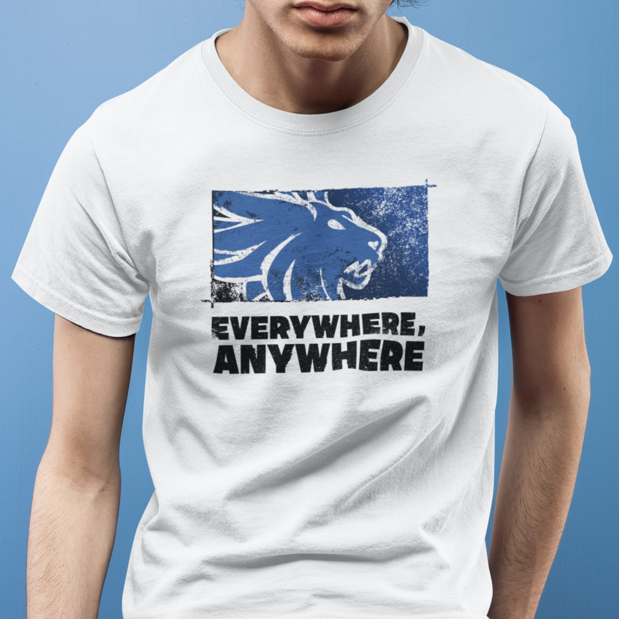 Everywhere, anywhere - White outline blue lion with blue backing - Black text — T Shirt — lifestyle 1