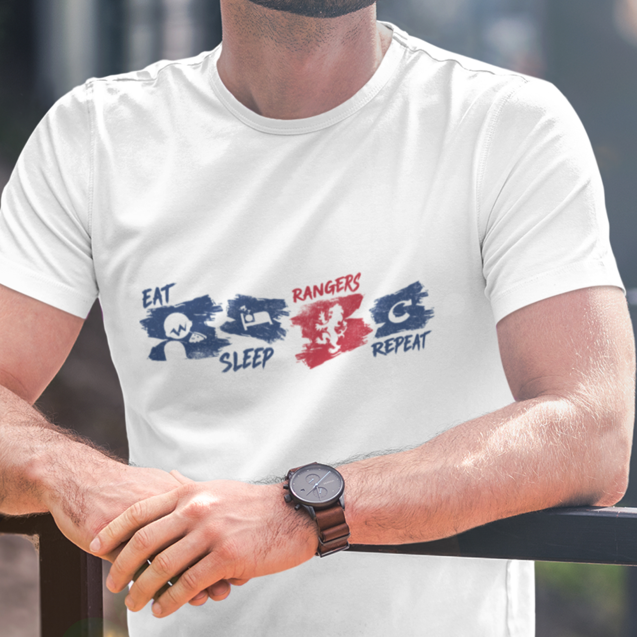 Eat sleep rangers repeat  - Blue & red - horizontal - list ver — T Shirt — lifestyle 1