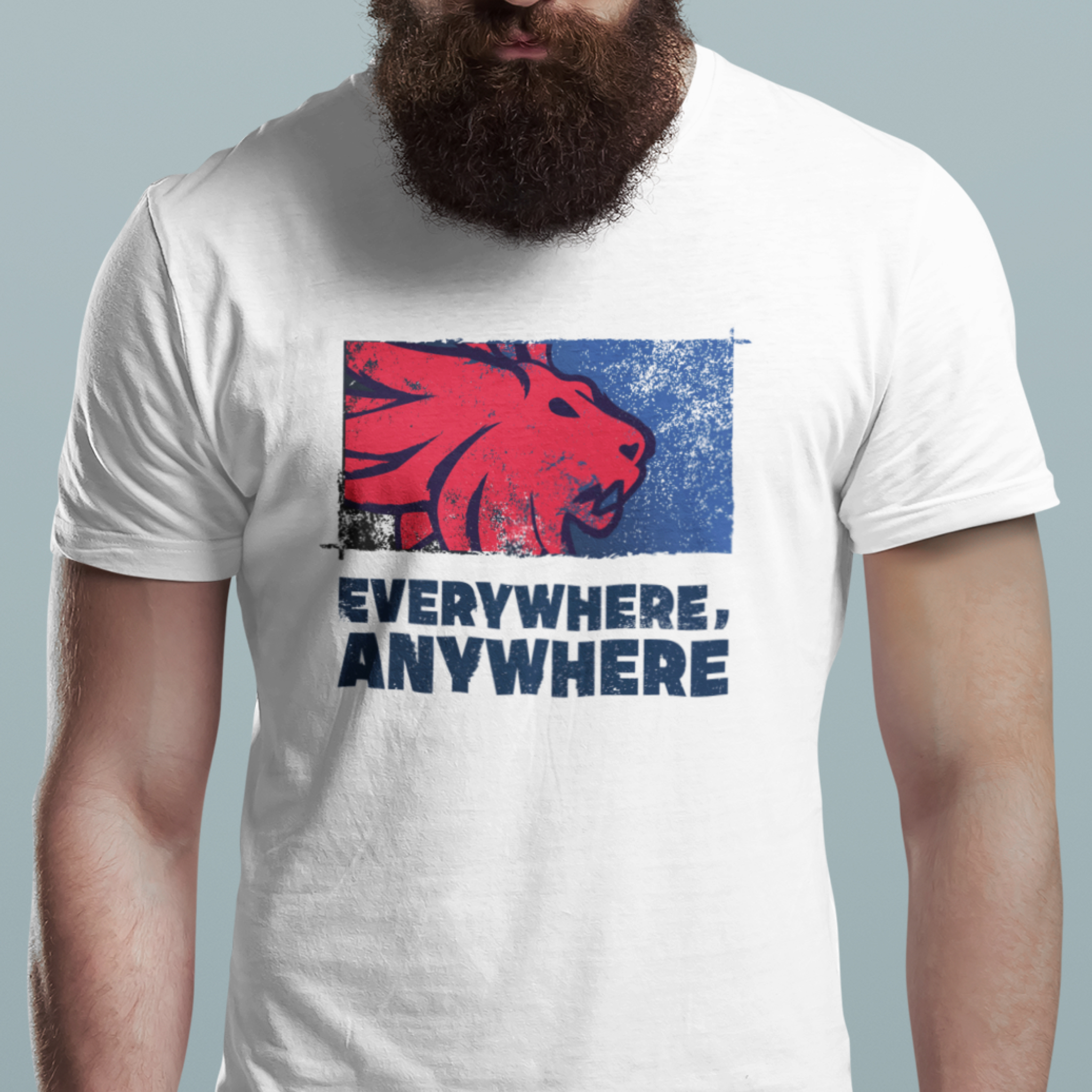 Everywhere anywhere - Black outline red lion with blue backing — T Shirt — lifestyle 1