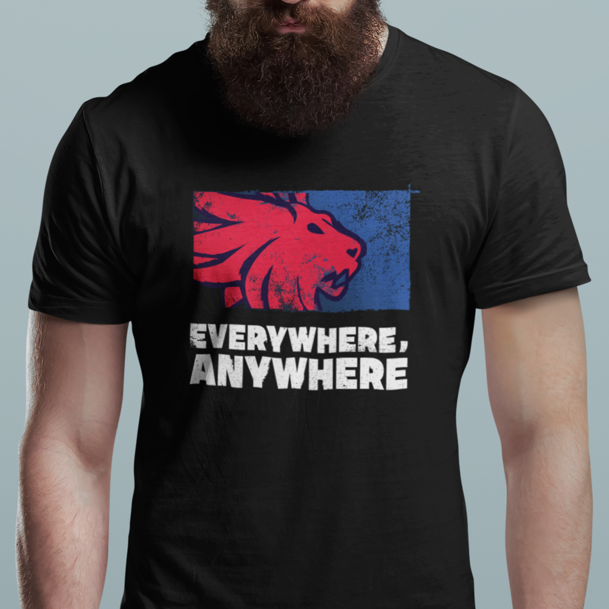 Everywhere, anywhere - Black outline red lion with blue backing - White text — T Shirt — lifestyle 1
