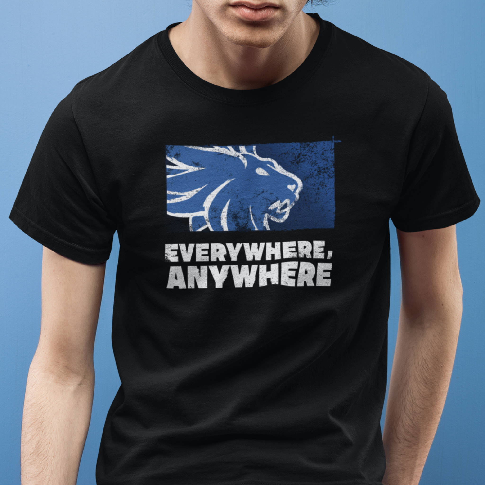 Everywhere, anywhere - White outline blue lion with blue backing - White text — T Shirt — lifestyle 1