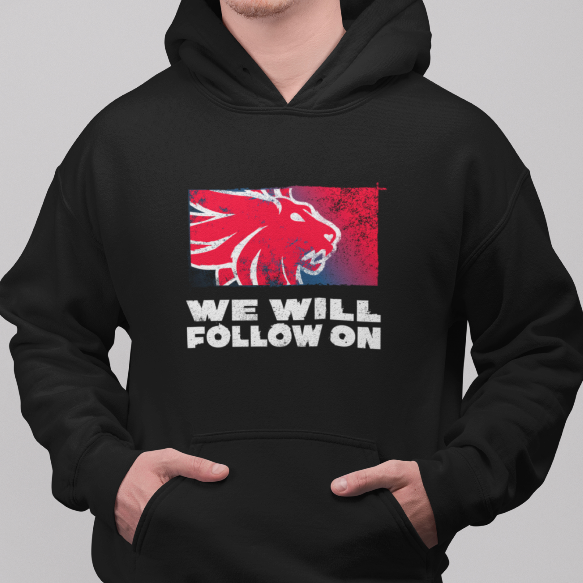 We will follow on - White outline red lion with gradient blue to red - White text — Hoodie — lifestyle 1